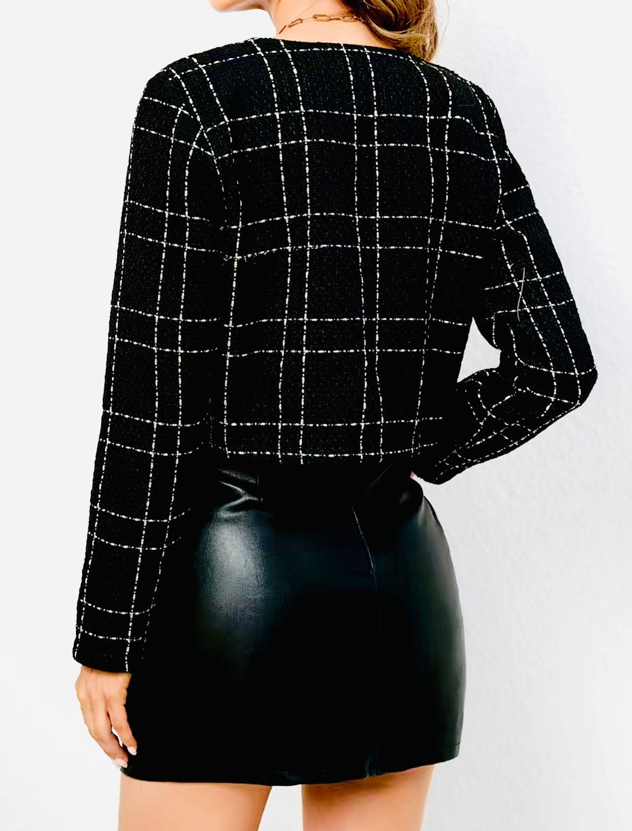 Plaid Button Front Blazer, Elegant Long Sleeve Crew Neck, Women's Clothing